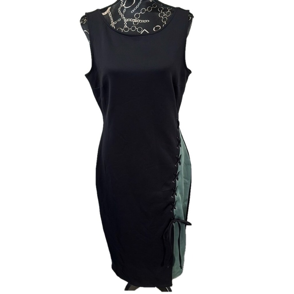 Belle Sky Black Olive Green Lace Up Side Midi Dress Large Sleeveless Grommet